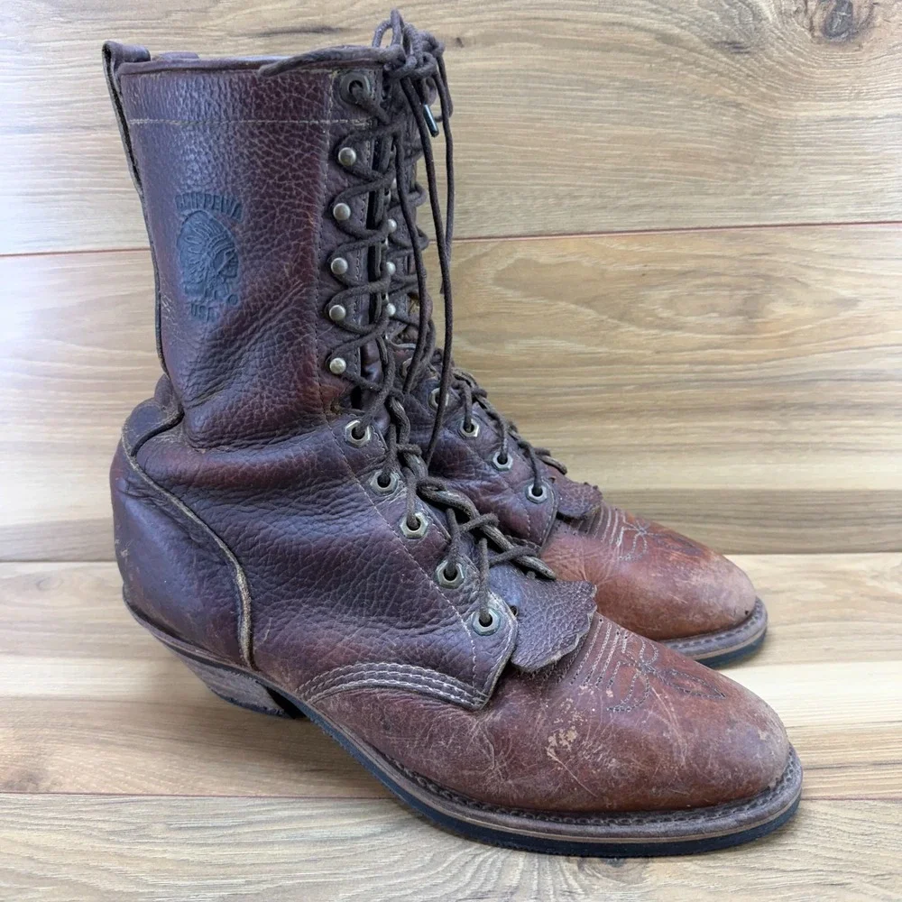 Chippewa Vintage Packer Boots Mens 11 D Brown Leather Kiltie Lace Up USA Vibram